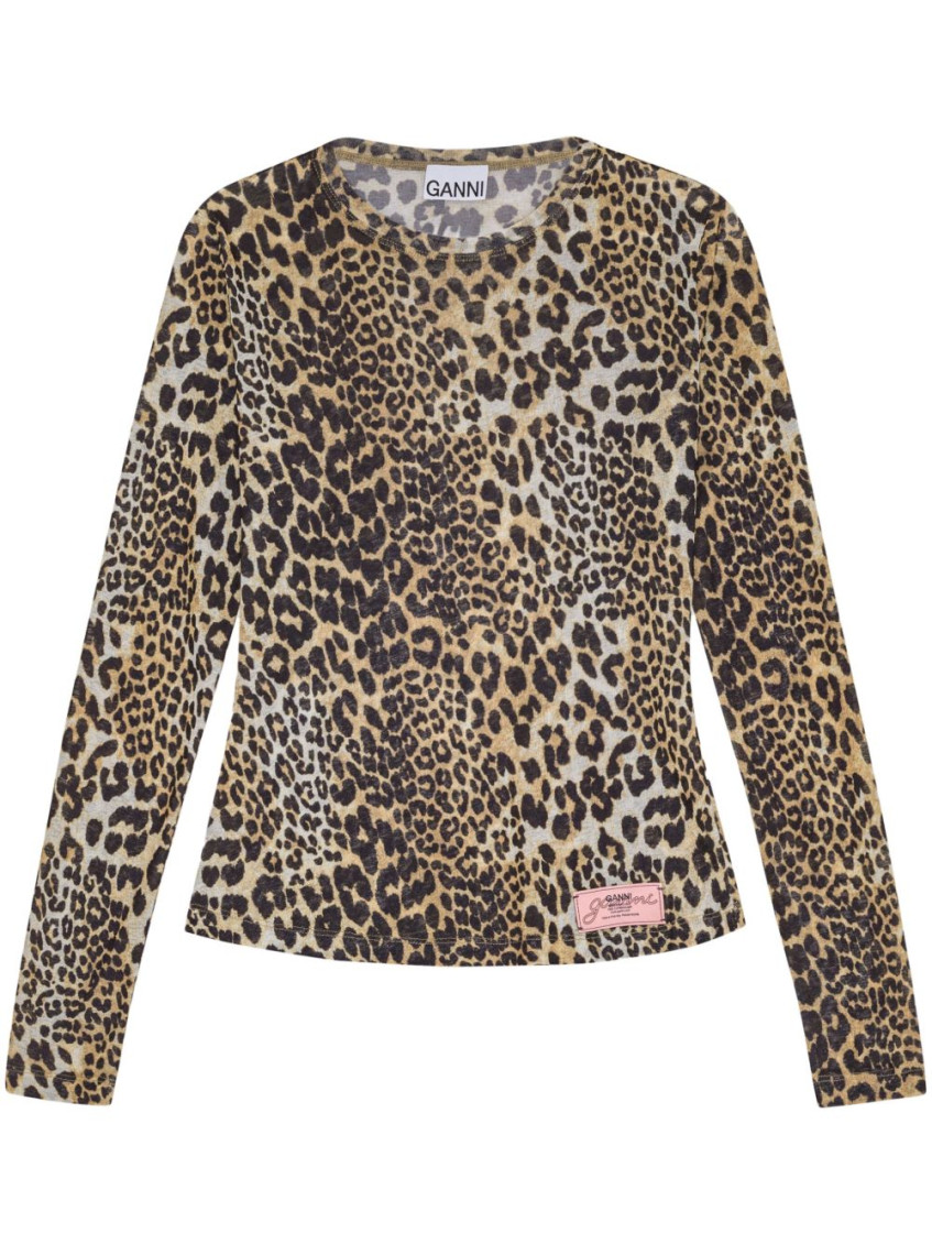 Ganni Leopard Pattern Printed Mesh Long Top