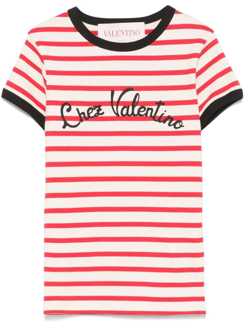 Valentino Women Ivory Striped Jersey Embroidered T-shirt