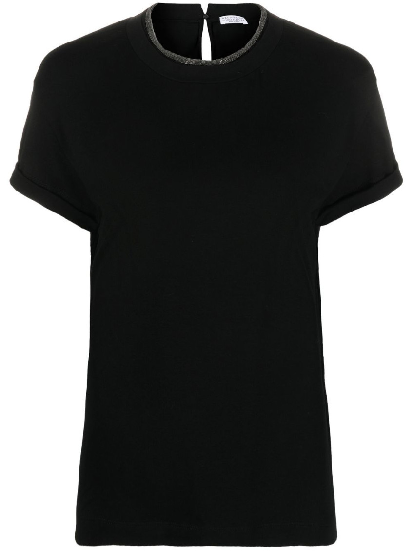 Brunello Cucinelli Short-sleeved T-shirt With Rolled Sleeves And Keyhole Detail In Black