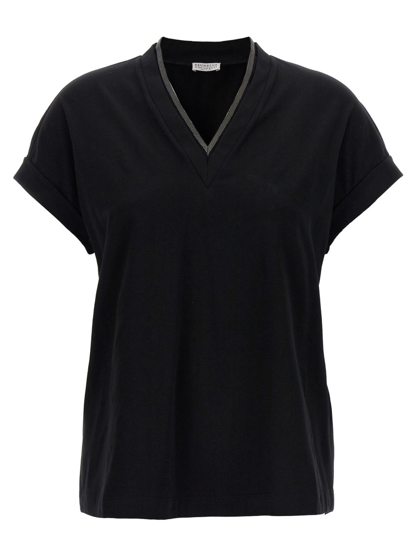 Brunello Cucinelli Black V-neck T-shirt With Monile Detail In Stretch Cotton Woman  In Black