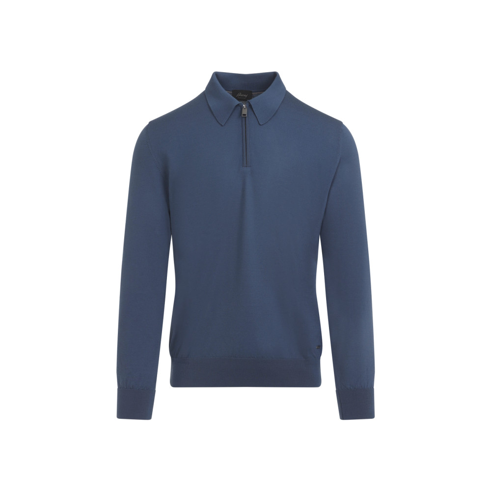 Brioni Long Sleeves Zip Polo In Blue