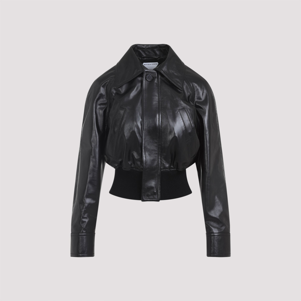 Bottega Veneta Womens Spread-collar Short Leather Blouson Jacket Black