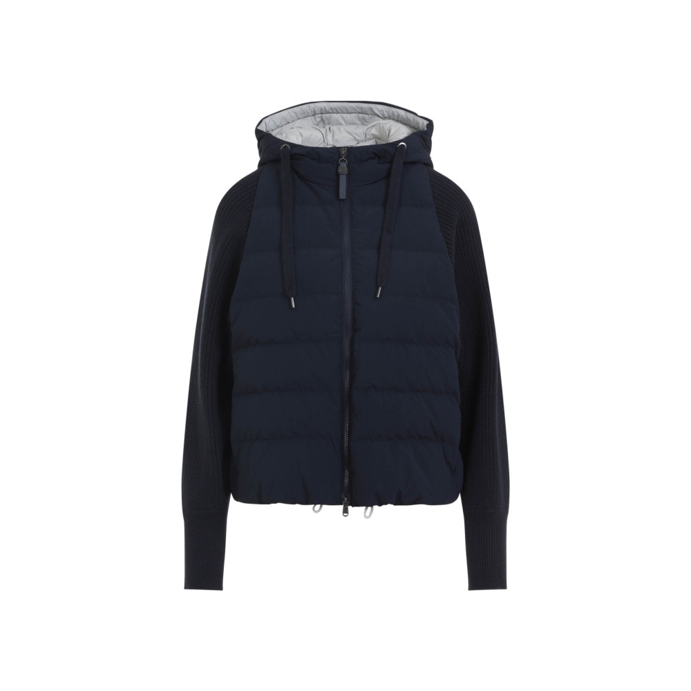 Brunello Cucinelli Padded Hooded Knit Down Jacket In Blue