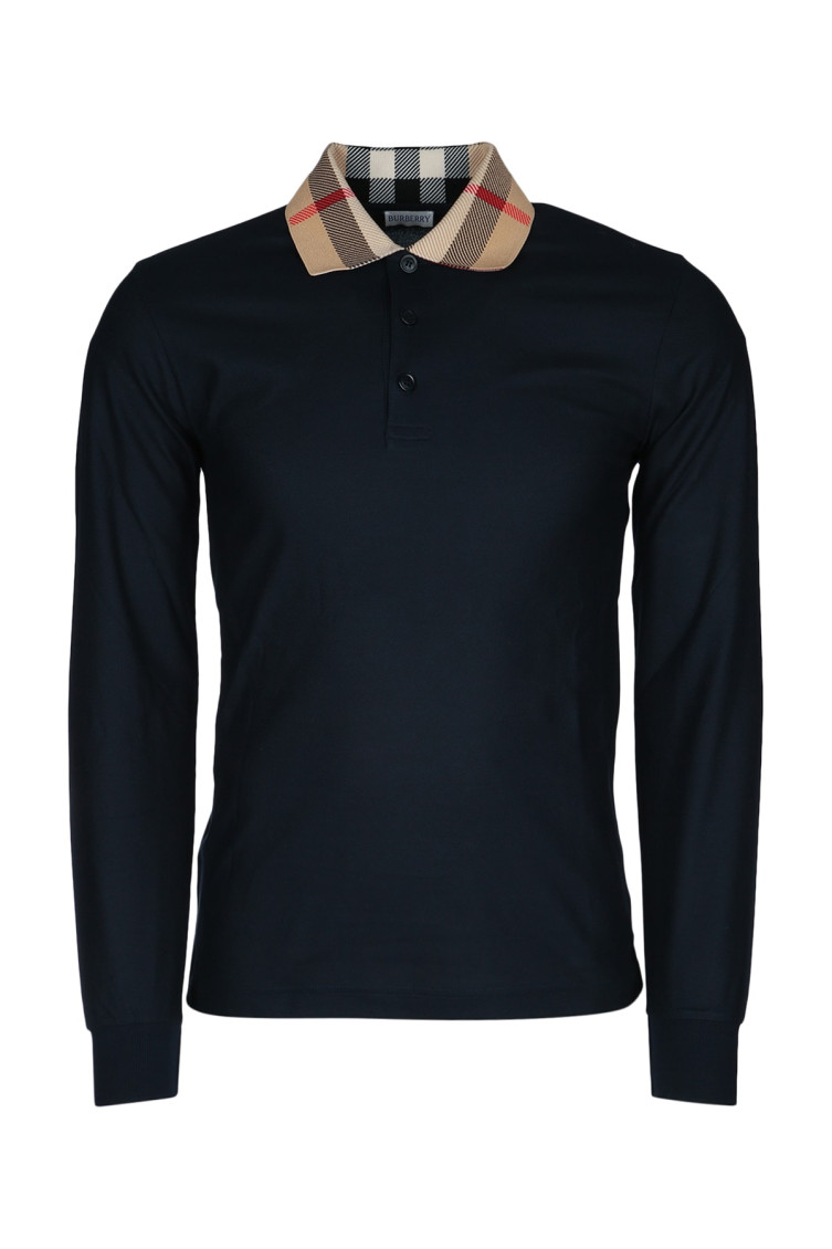 Burberry Long-sleeved Polo With Check-patterned Collar In Black
