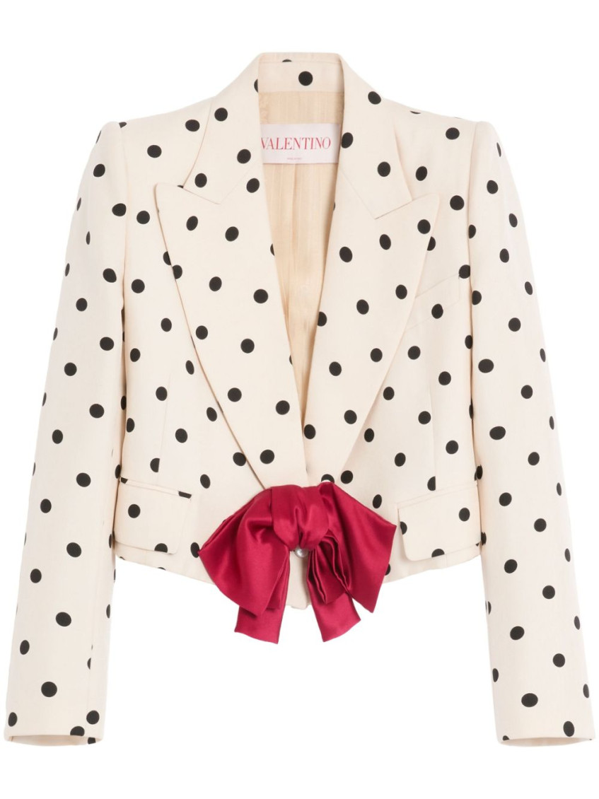 Valentino Bow-embellished Polka-dot Silk-shantung Jacket In Neutral