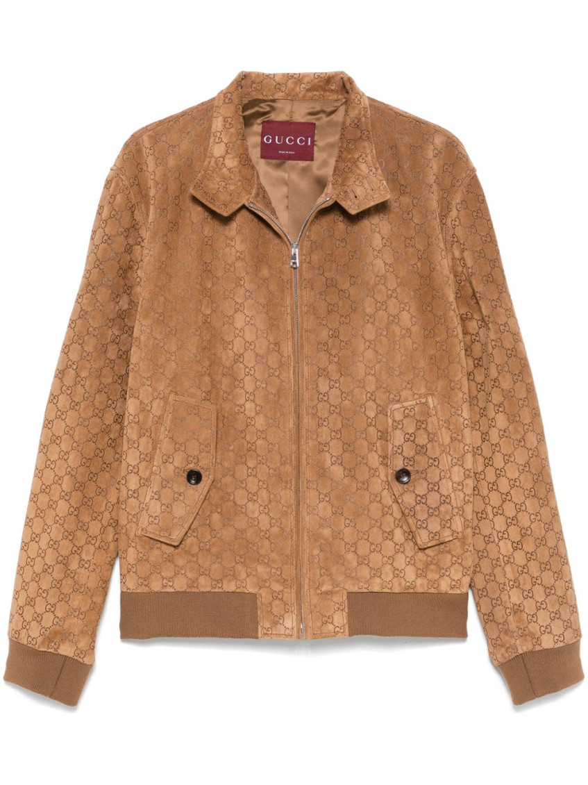 Gucci Brown Jacket With All-over Embossed Gg Motif And Collar With Buttons In Suede Man In Brown