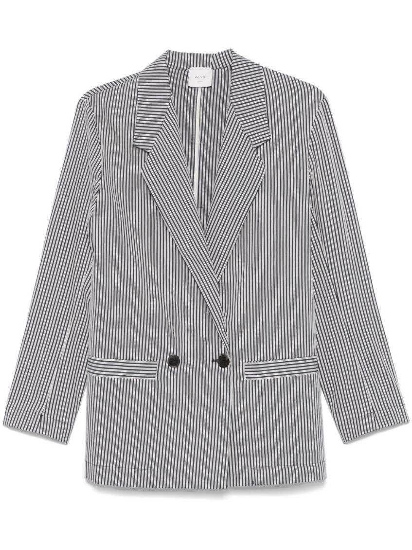 Alysi Blue Striped Double-breasted Blazer In Black