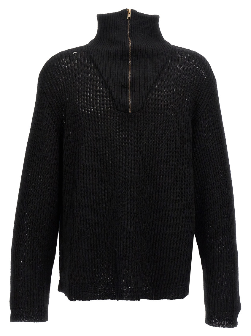 Shop Maison Margiela Black Distressed Half Zip Sweater