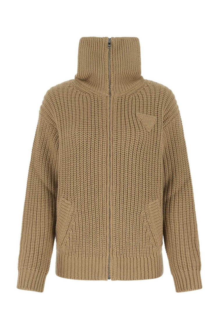 Prada Alpaca Cable Knit Cardigan In Beige