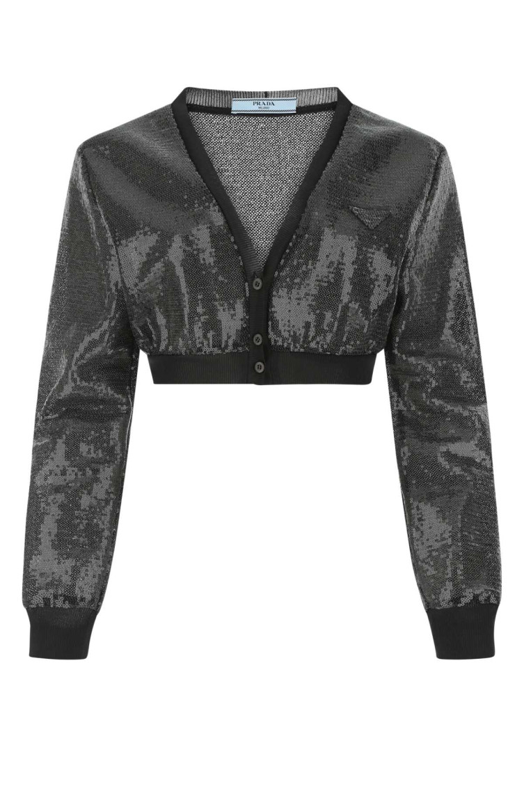 Prada Cropped Sequin-embroidered Cardigan In Black