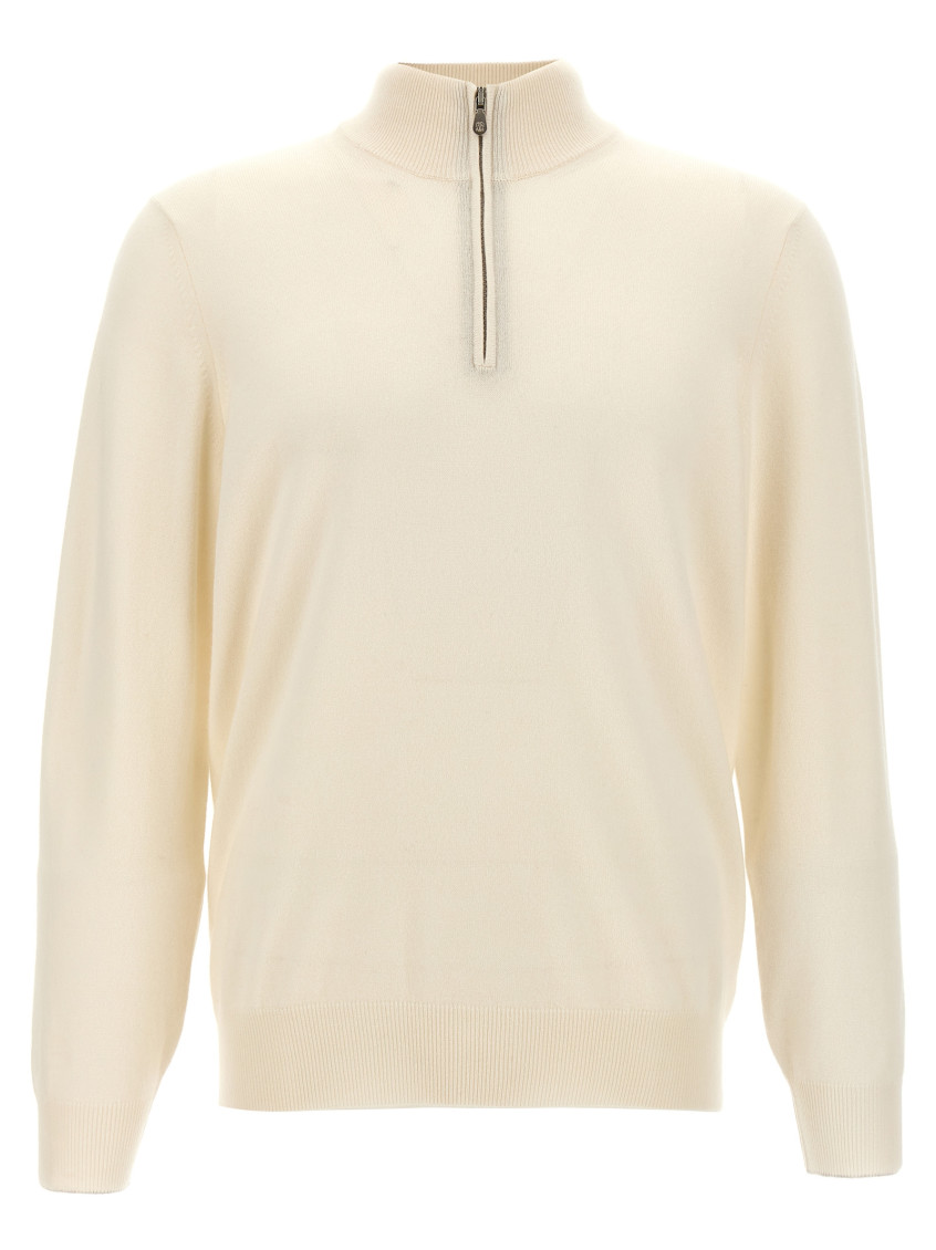 Brunello Cucinelli Men's Cotton Rib Sweater With Zip Opening And Raglan Sleeve In Off White