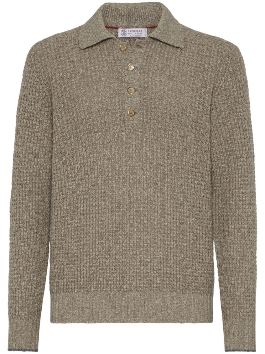 Brunello Cucinelli Virgin Wool-cashmere Flecked Polo Sweater In Brown