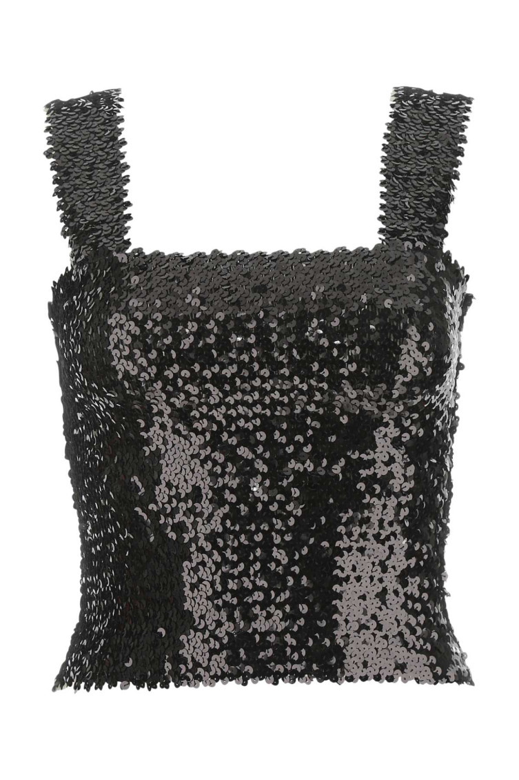 Saint Laurent Sequin Embellished Sleeveless Square Neck Top In Black