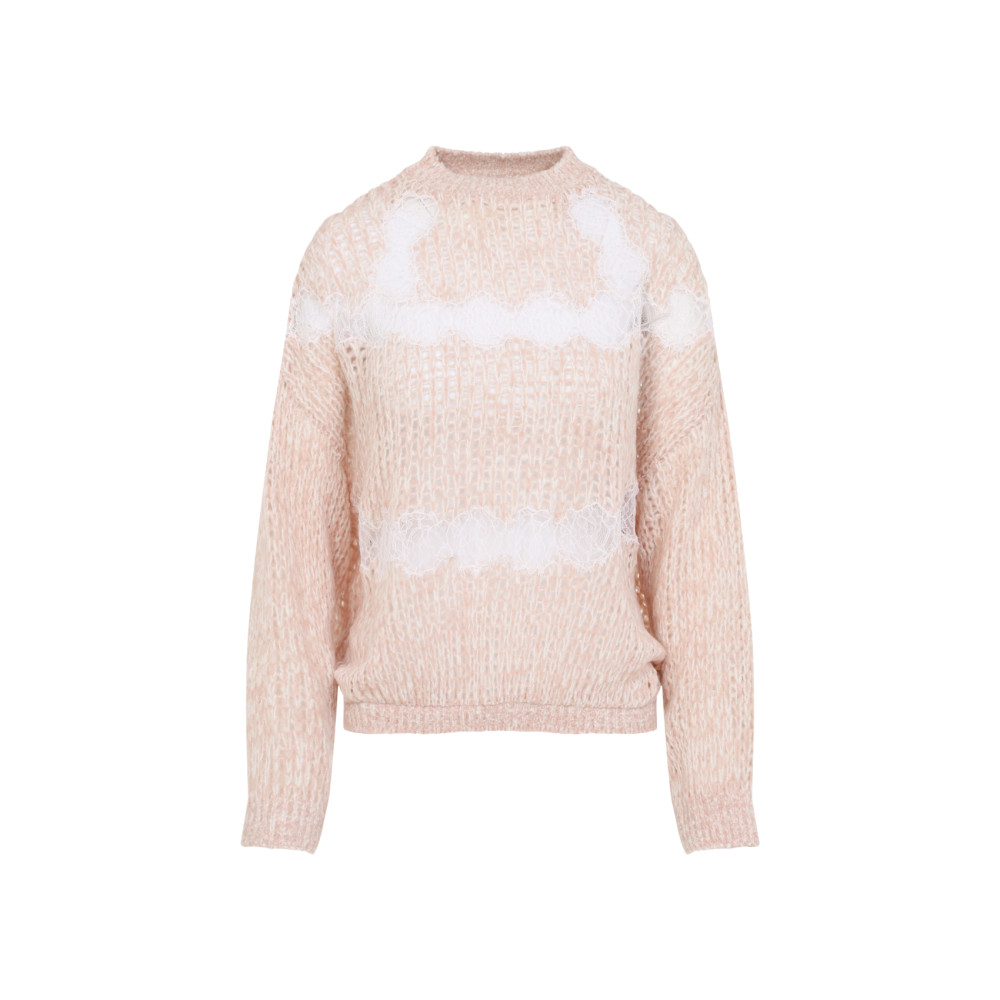 Giambattista Valli Soft Beige Wool-cashmere Blend Sweater With Fuzzy Stripes In Pink