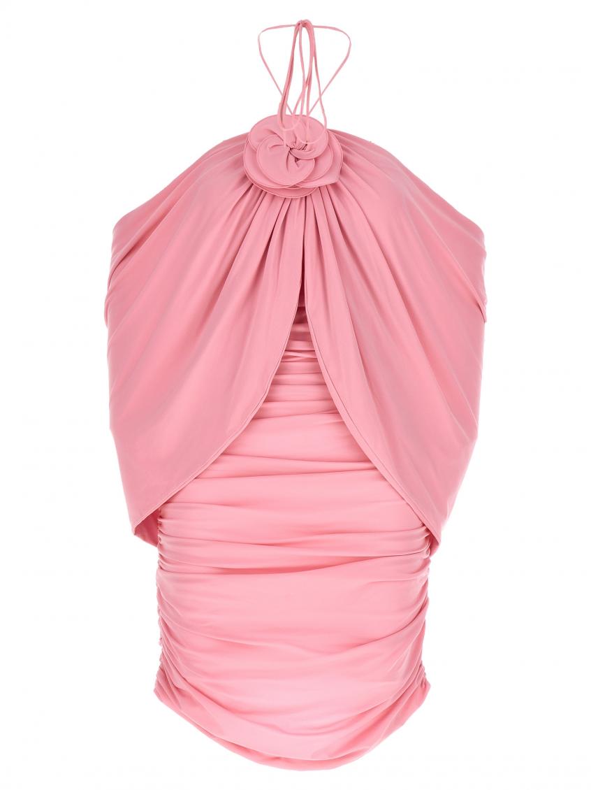 Magda Butrym Mini Pink Dress With Cape And Rose Patch In Stretch Polyamide Woman In Pink