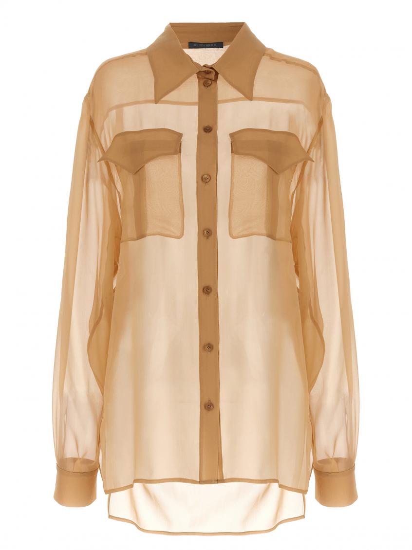 Alberta Ferretti Pointed Collar Sheer Fabric Shirt In Beige