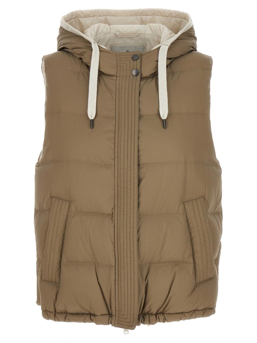 Brunello Cucinelli Goose Feather Padded Vest With Hood In Beige