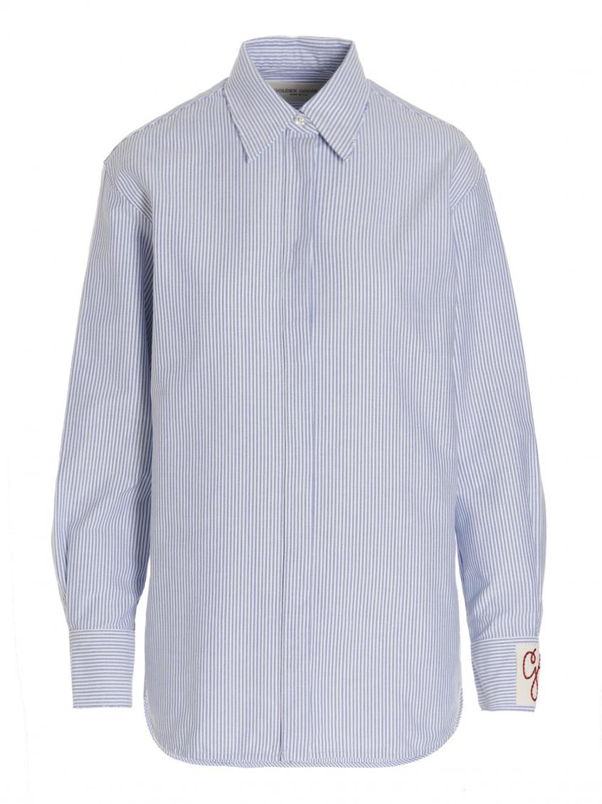 Golden Goose Striped Embroidered Shirt With Collared Cuffs In Light Blue
