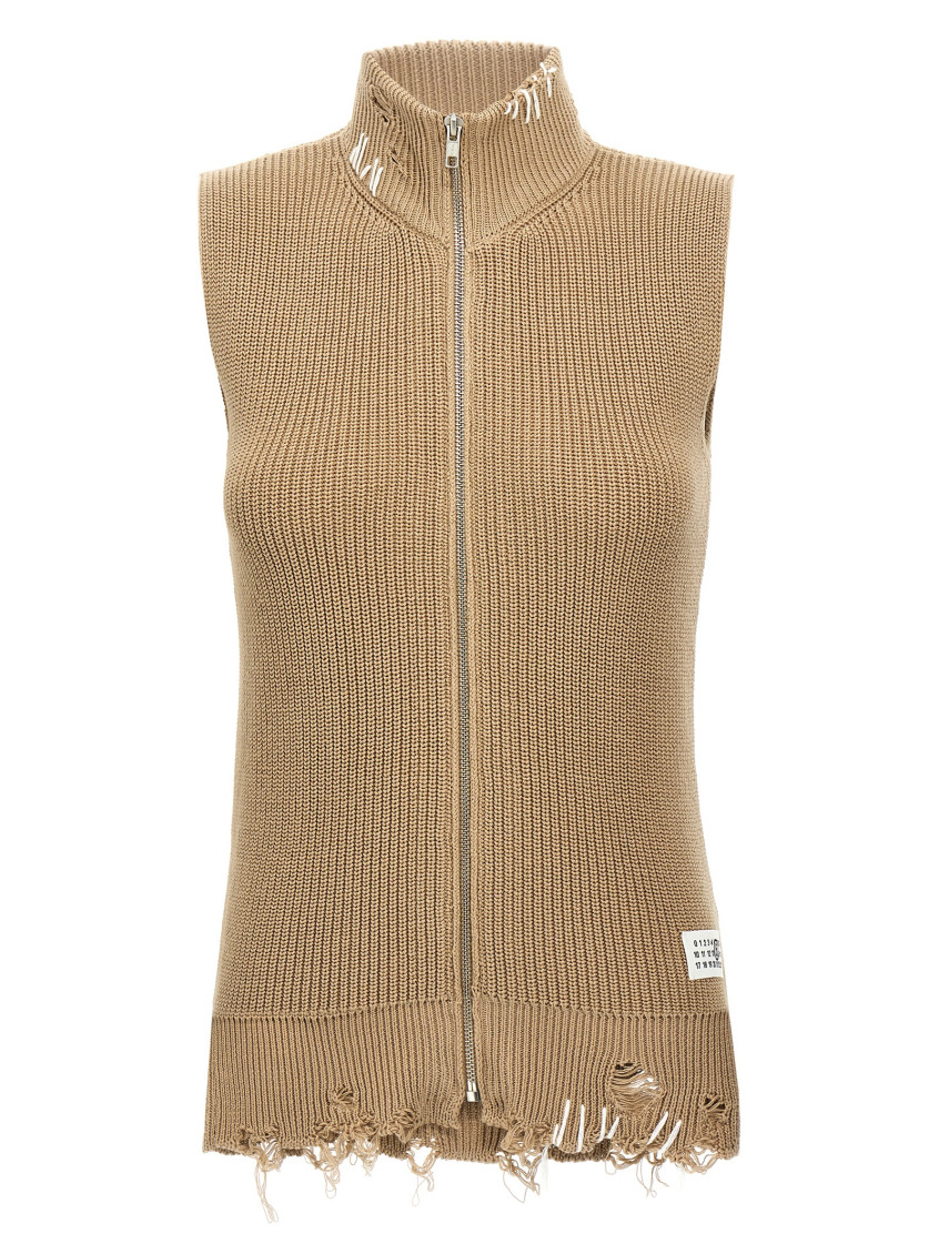Mm6 Maison Margiela Mm6 By Maison Margiela Destroyed Cotton Knit Vest With High Neck In Beige