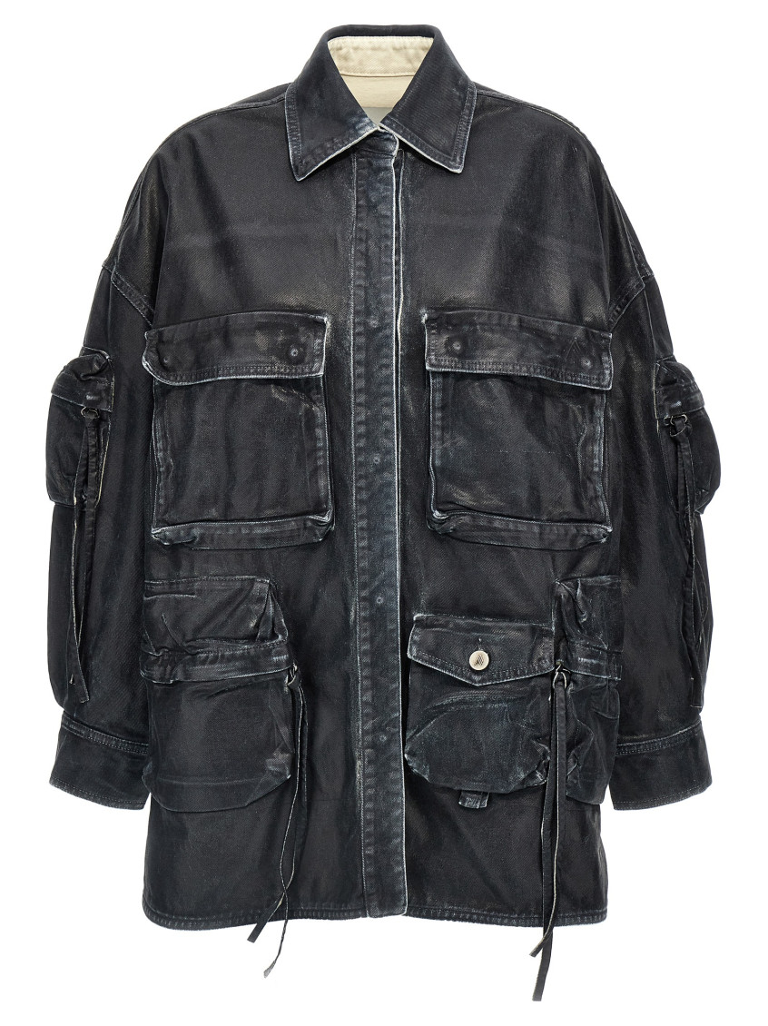 Attico Oversize Cotton Fern Denim Jacket With Button And Drawstring In Navy Blue