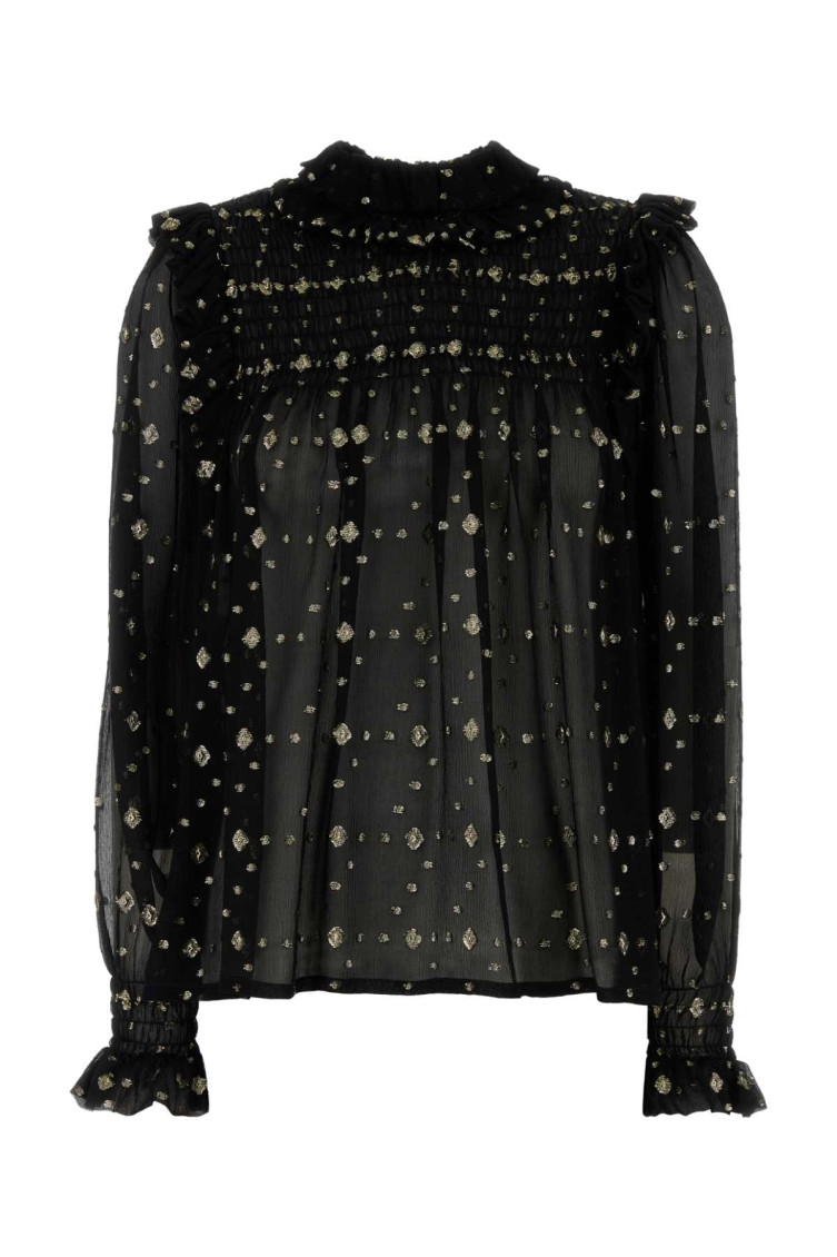 Saint Laurent Embroidered Crepe Blouse With Ruffles And Smocked Yoke In Black