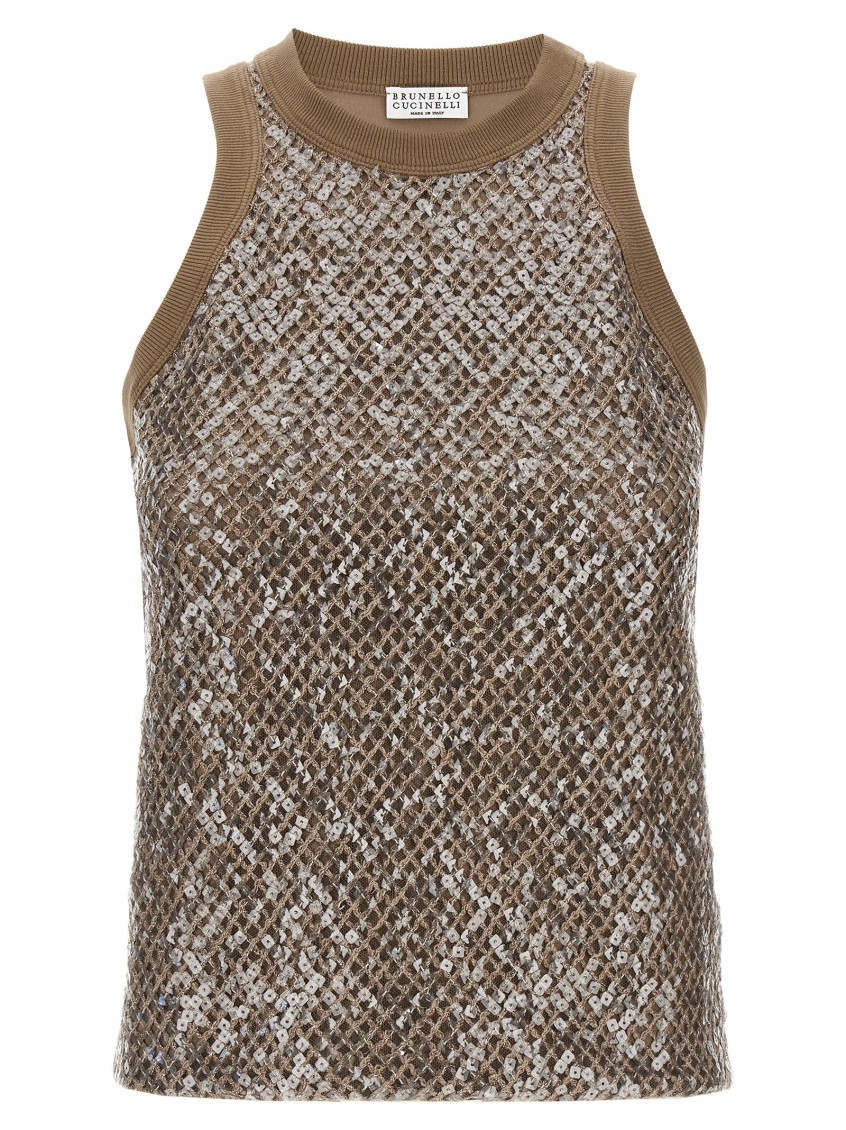 Shop Brunello Cucinelli Brown Top Dazzling Net Embroidery