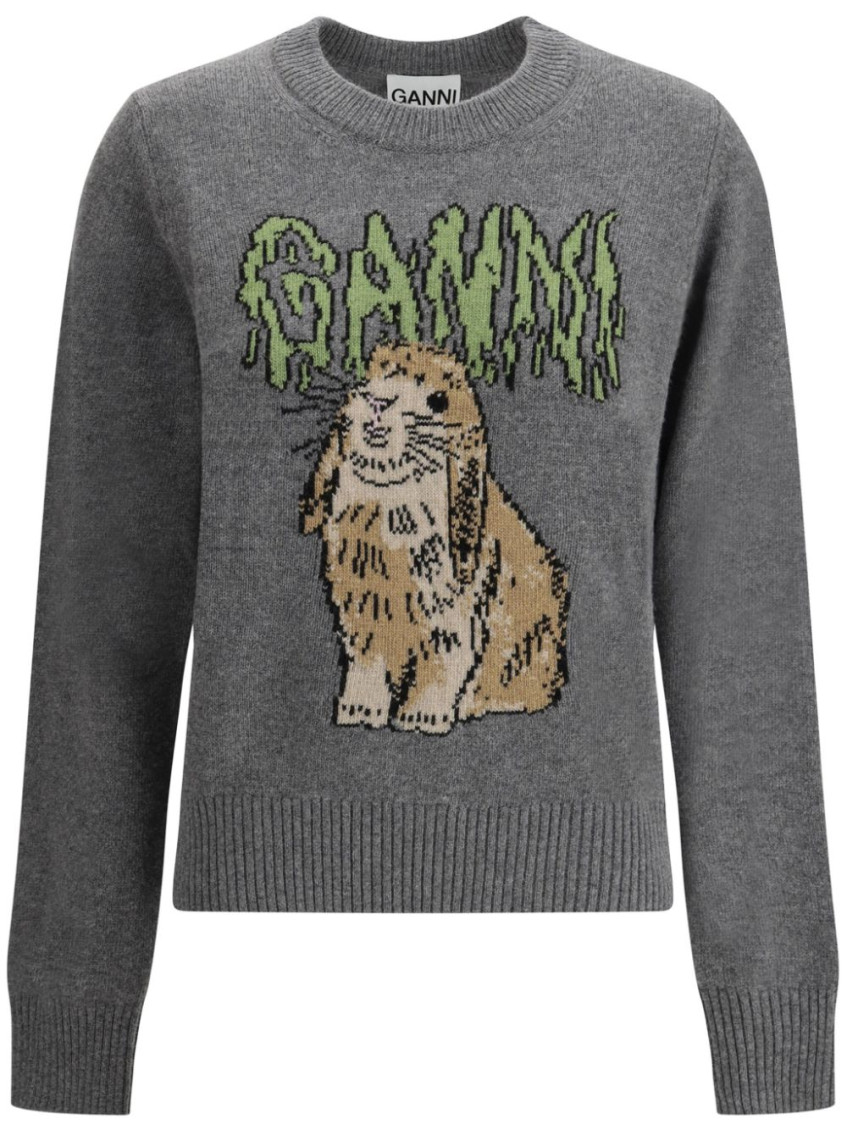 Ganni Bunny Wool Crewneck Sweater In Grey