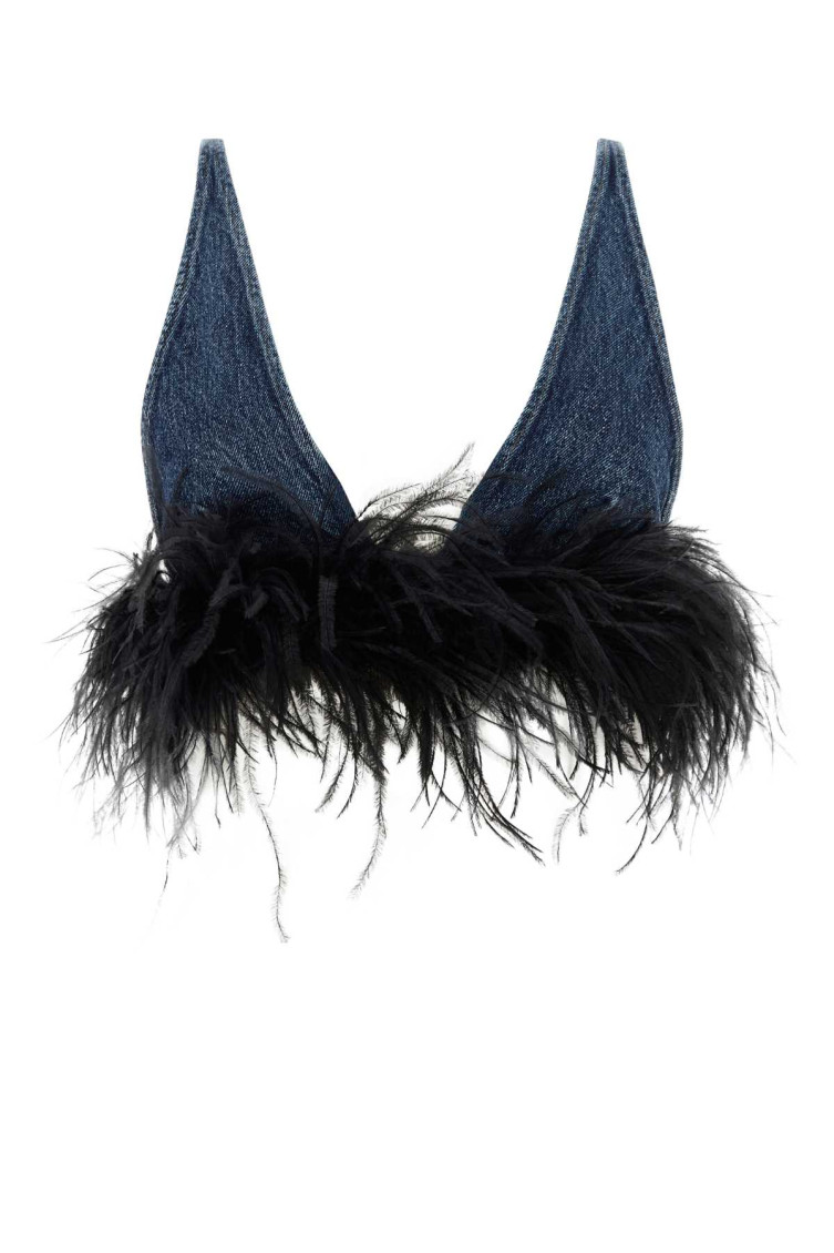 Miu Miu Denim Feathers Embellishment Top In Blue