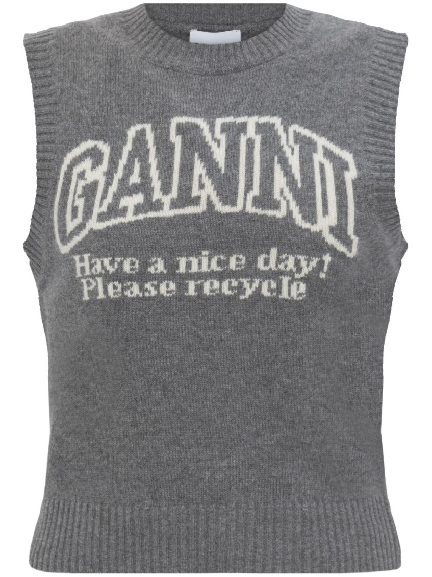 Ganni Knitted Vest With Logo In Grey