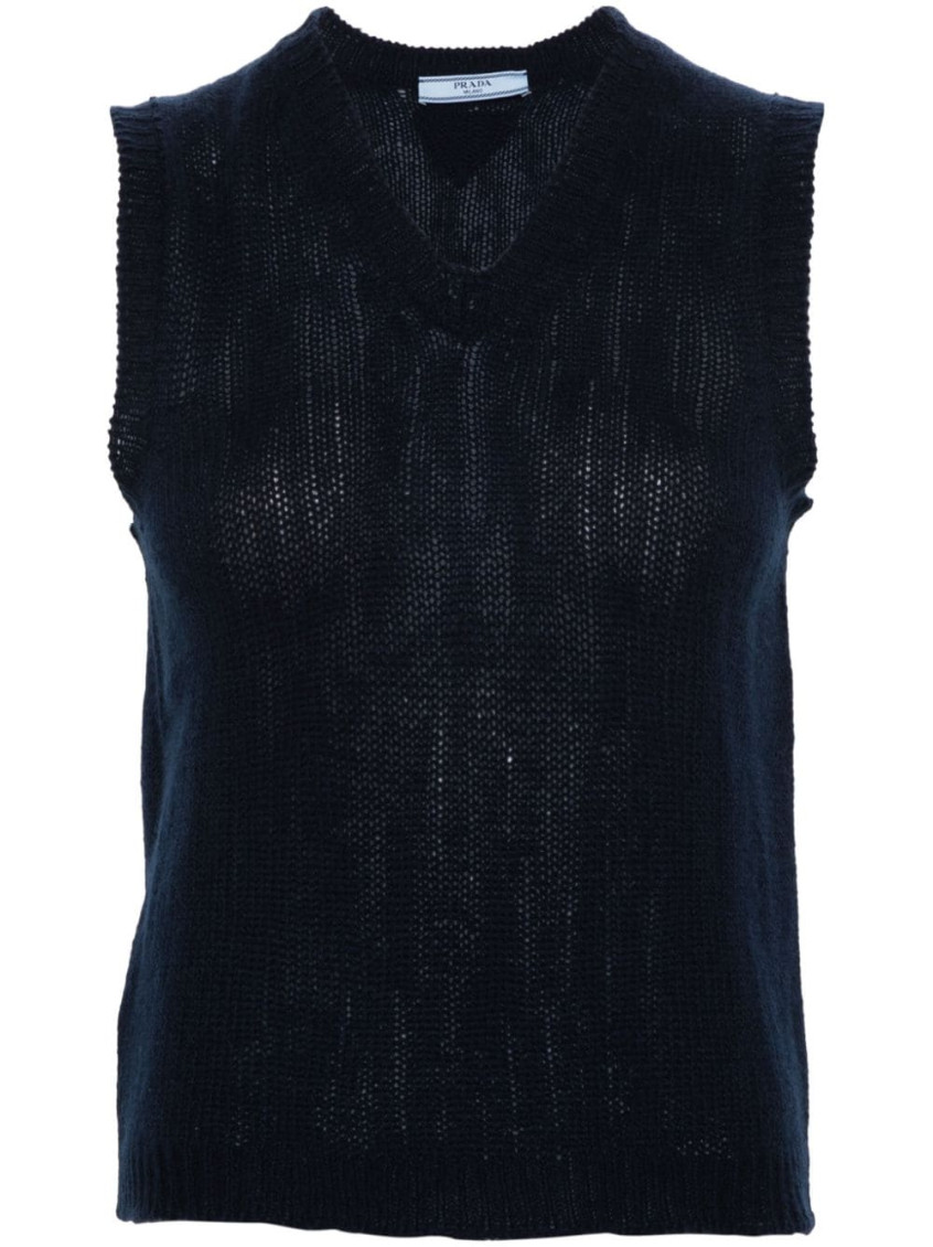 Prada Knit Cashmere Sleeveless V-neck Vest In Blue