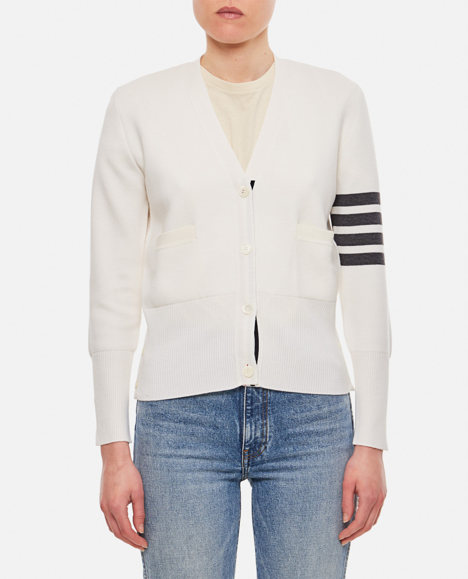 THOM BROWNE WHITE 4-BAR CREPE V-NECK CARDIGAN