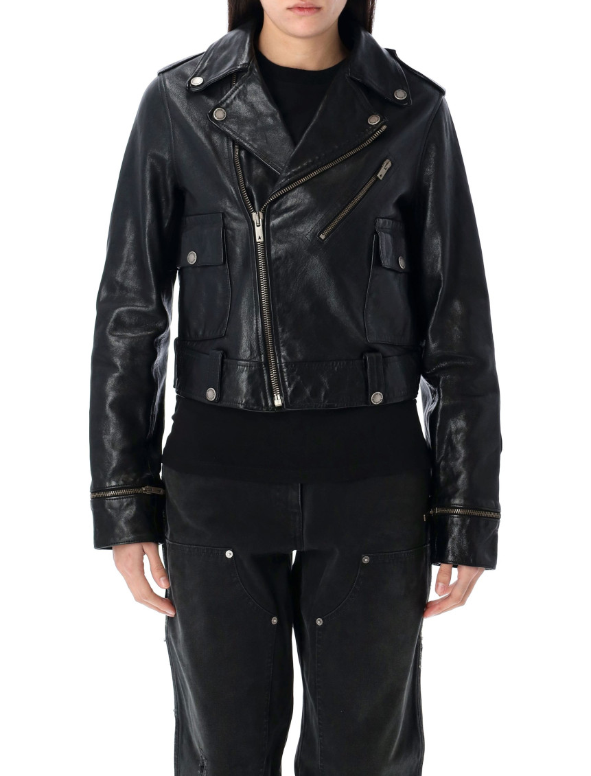 Golden Goose Shiny Black Sheepskin Biker Jacket With Sturdy Zip In Black