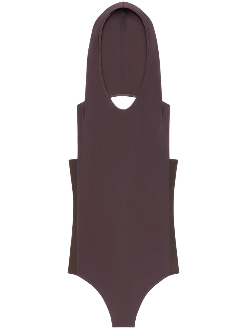 Courrèges Sleeveless Hooded Bodysuit With High Cut Leg In Dark Brown