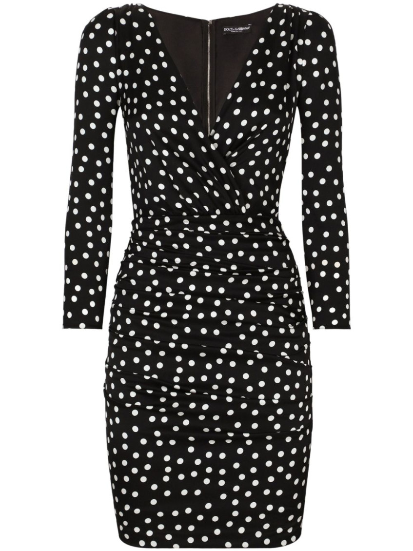 Dolce & Gabbana Polka Dot-printed Plunging V-neck Mini Dress In Black