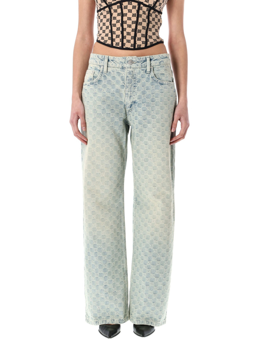 Misbhv Wide-leg Monogram Jeans With Faded Finish And Five Pockets In Blue