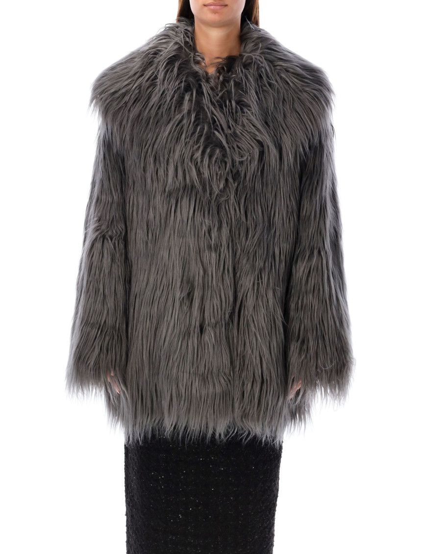 Rotate Birger Christensen Faux Fur Coat High Collar In Gray