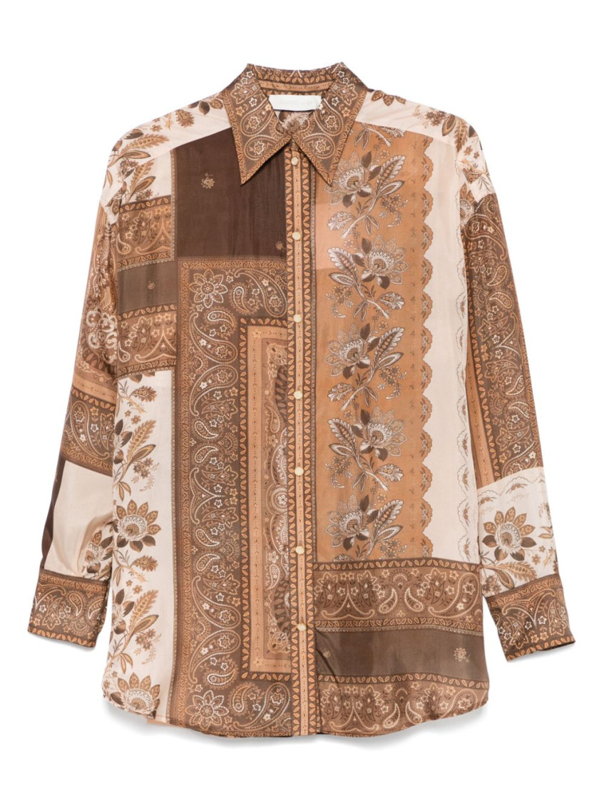 Zimmermann Lucky Brown Shirt With Classic Collar And All-over Floral Print In Silk Woman In Brown