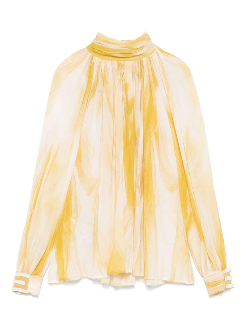 Elisabetta Franchi White And Mustard Yellow Blouse With Mock Neck