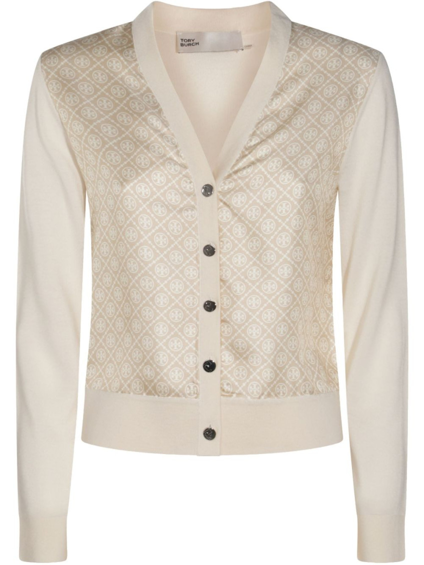 Tory Burch Silk And Wool Cardigan With Logos In Neutral