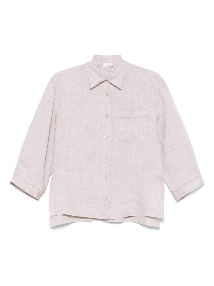 Peserico Beige Linen Shirt With Classic Collar In Purple