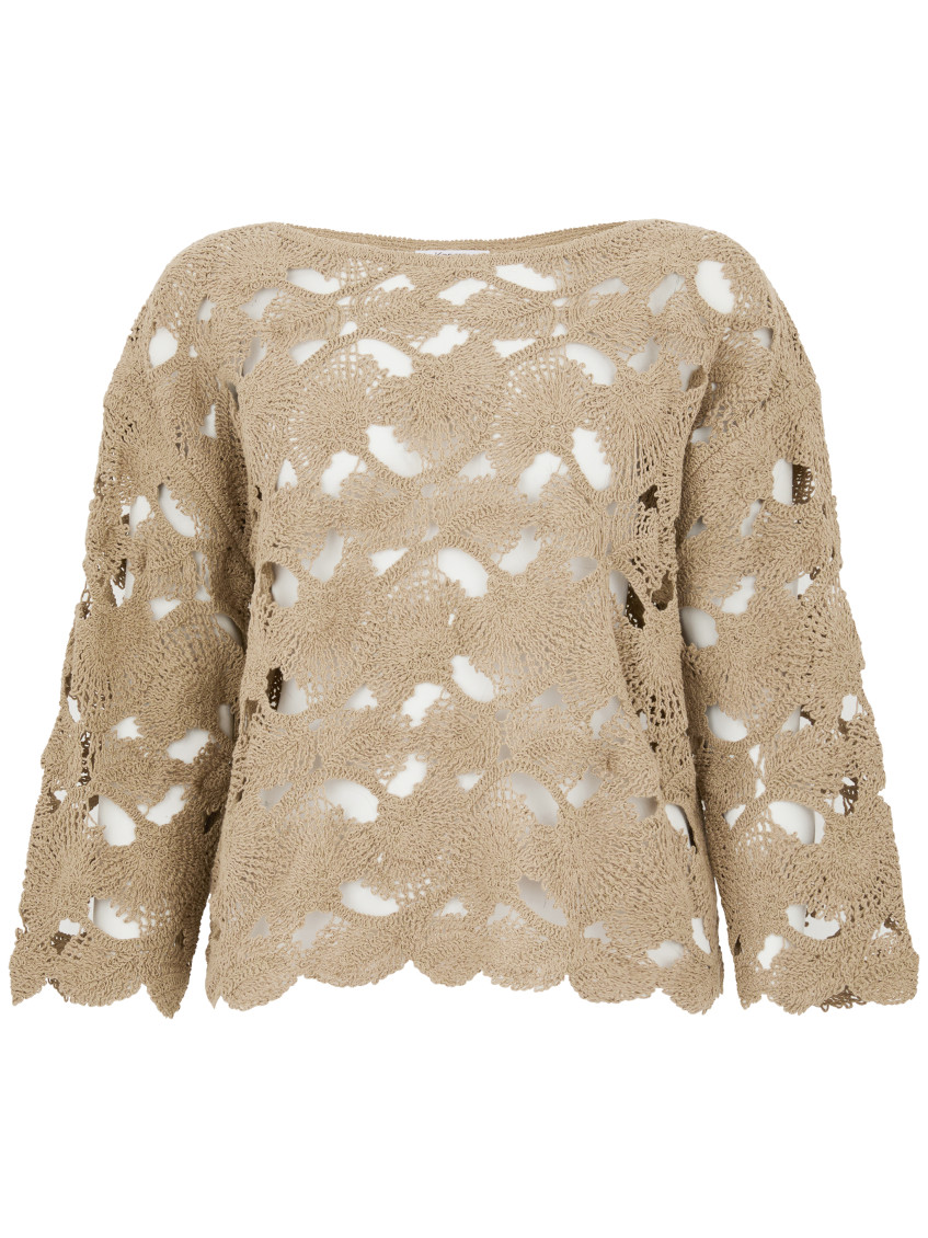 Kangra Cashmere Kangra Open-knit Beige Jacket With Scalloped Edges In Nude