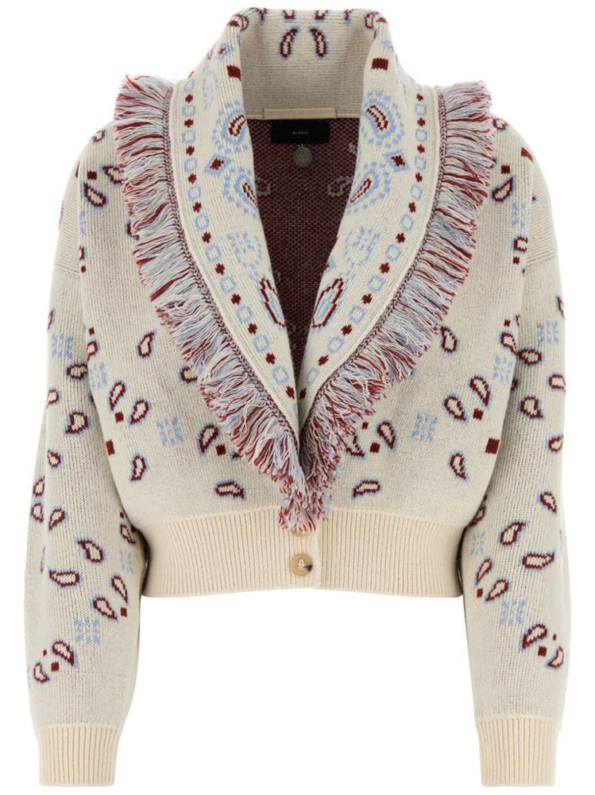 Alanui Jacquard Cardigan Embroidered Fringe Detailing In White