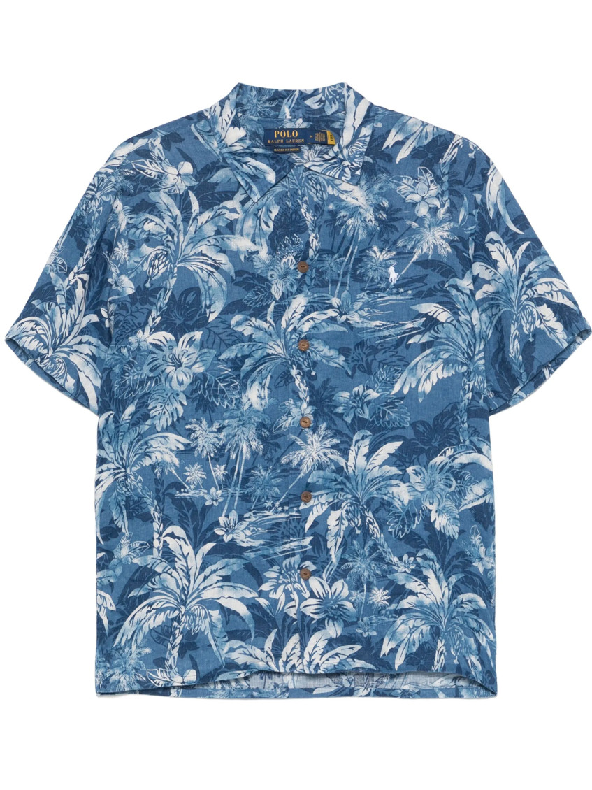 Ralph Lauren Palm Tree Short Sleeve Shirt In Blue