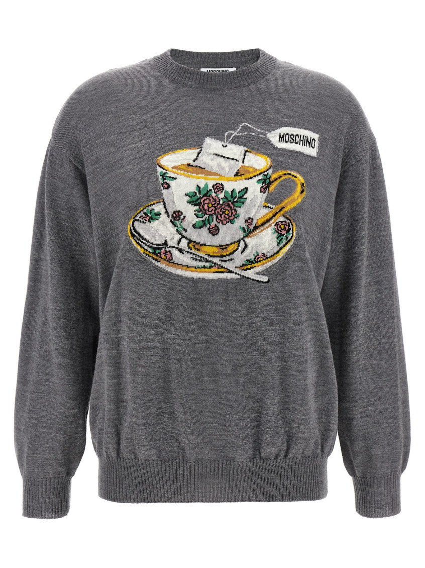 Moschino Crew Neck Graphic Print Intarsia Sweater In Gray