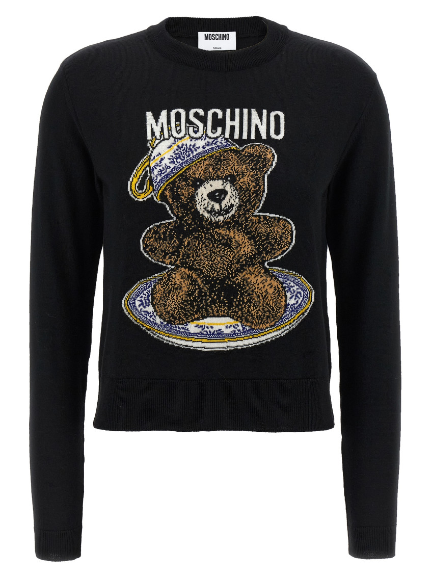 Moschino Teddy Bear-intarsia Crew-neck Sweater In Black