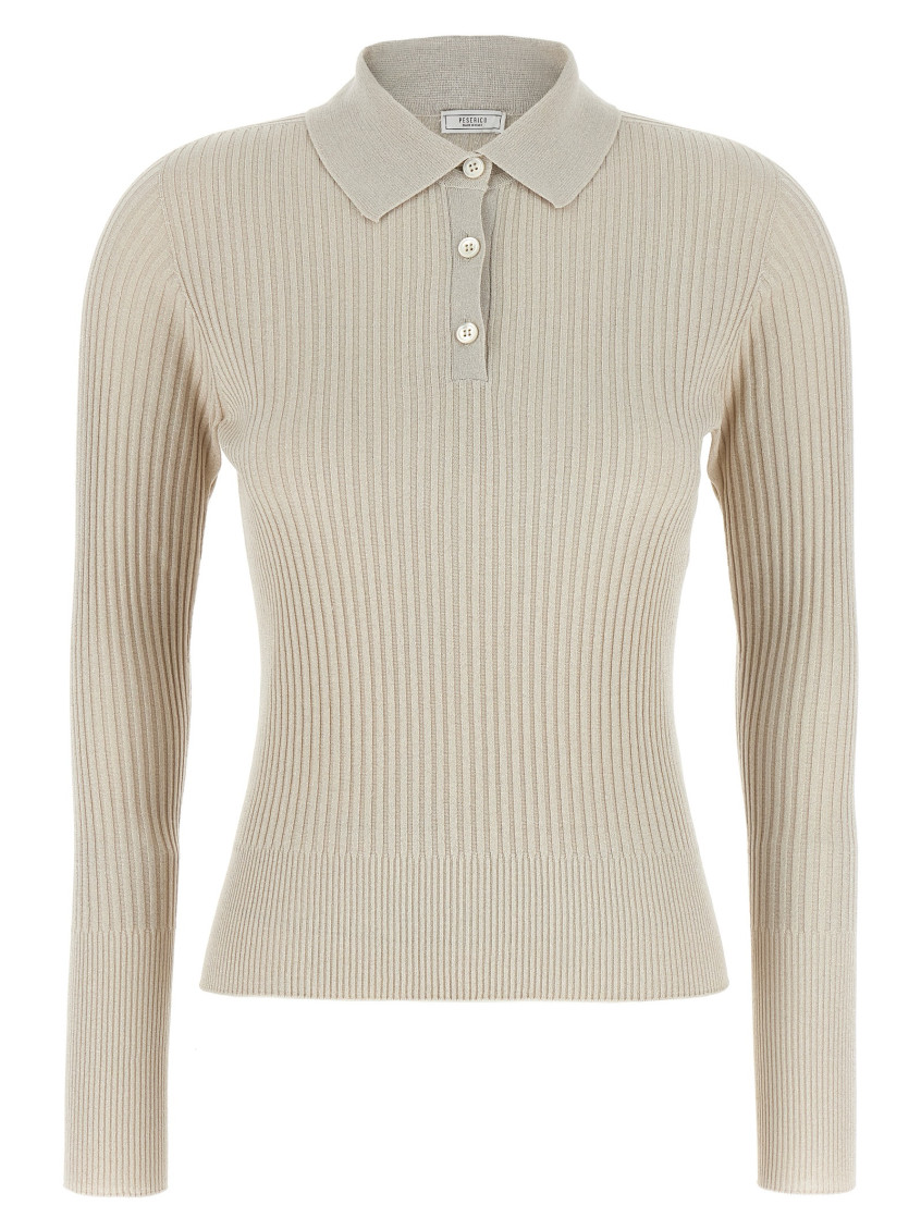Peserico Collared Ribbed Polo Shirt With Long Sleeves In White