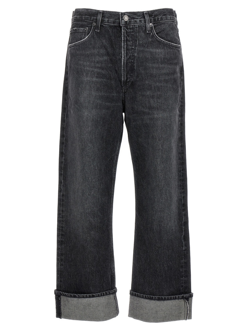 Agolde Fran High Rise Wide Leg Low Slung Cuffed Jeans In Ditch In Grey