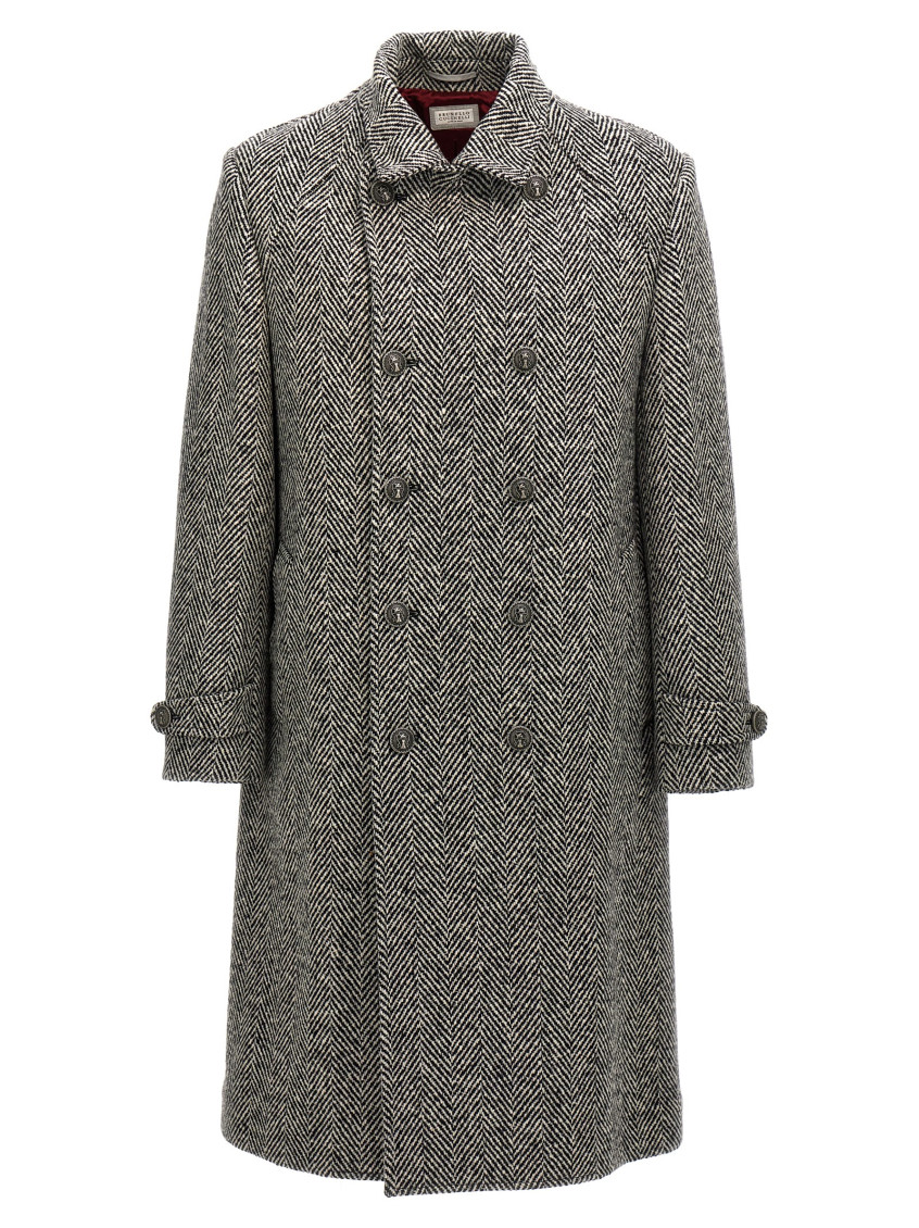 Brunello Cucinelli Herringbone-pattern Double-breasted Coat In Blackwhite
