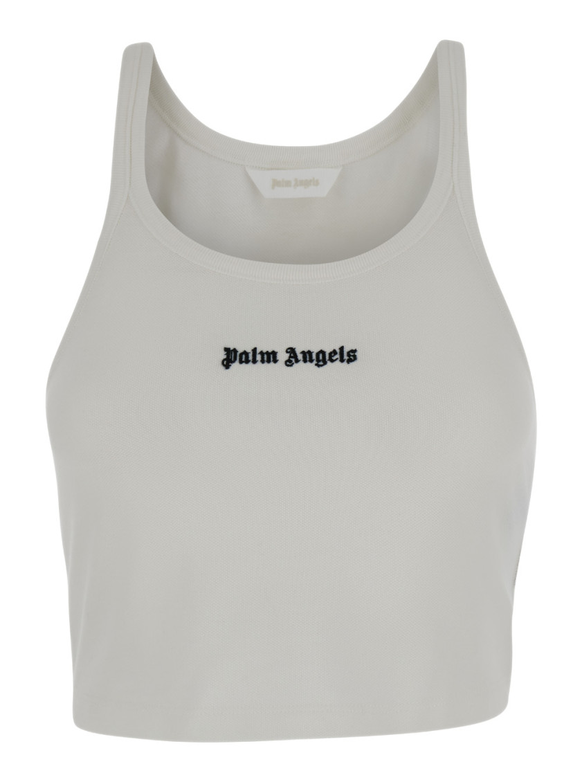 Palm Angels White Cropped Tank Top With Embroidered Logo In Cotton Woman In White