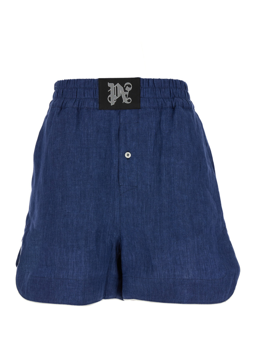 Palm Angels Blue Shorts With Monogram In Linen Woman In Blue